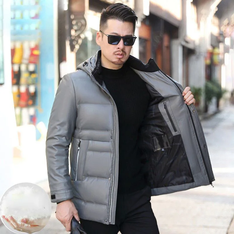 Winter Genuine Leather Coat Down Jacket For Men Mid To Long Sheepskin Coat Man Hooded Thick Soft Leather Duck Puffer Jacket Men