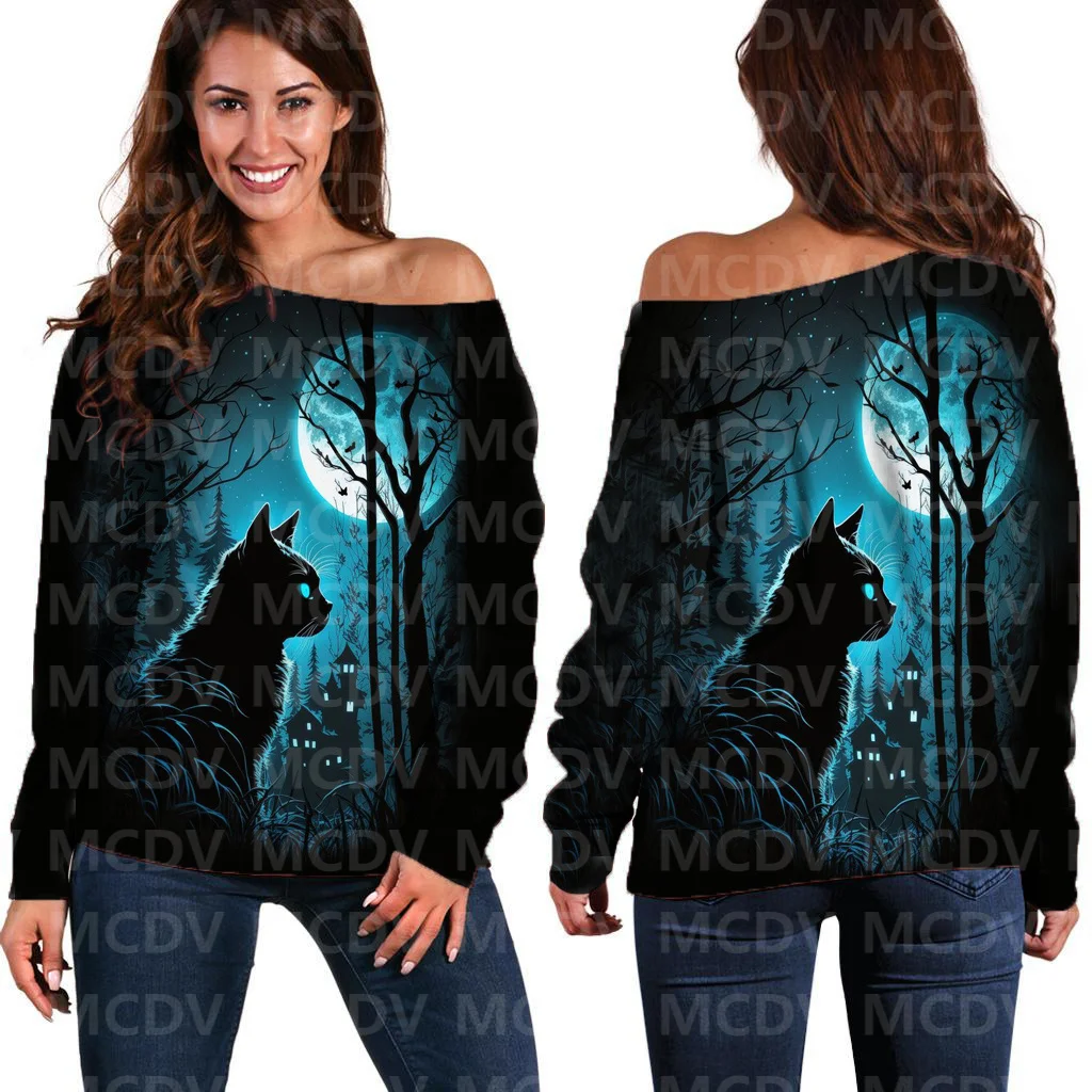 Sweater Pullover wanita, kaos lengan panjang bercetak 3D Halloween bahu terbuka