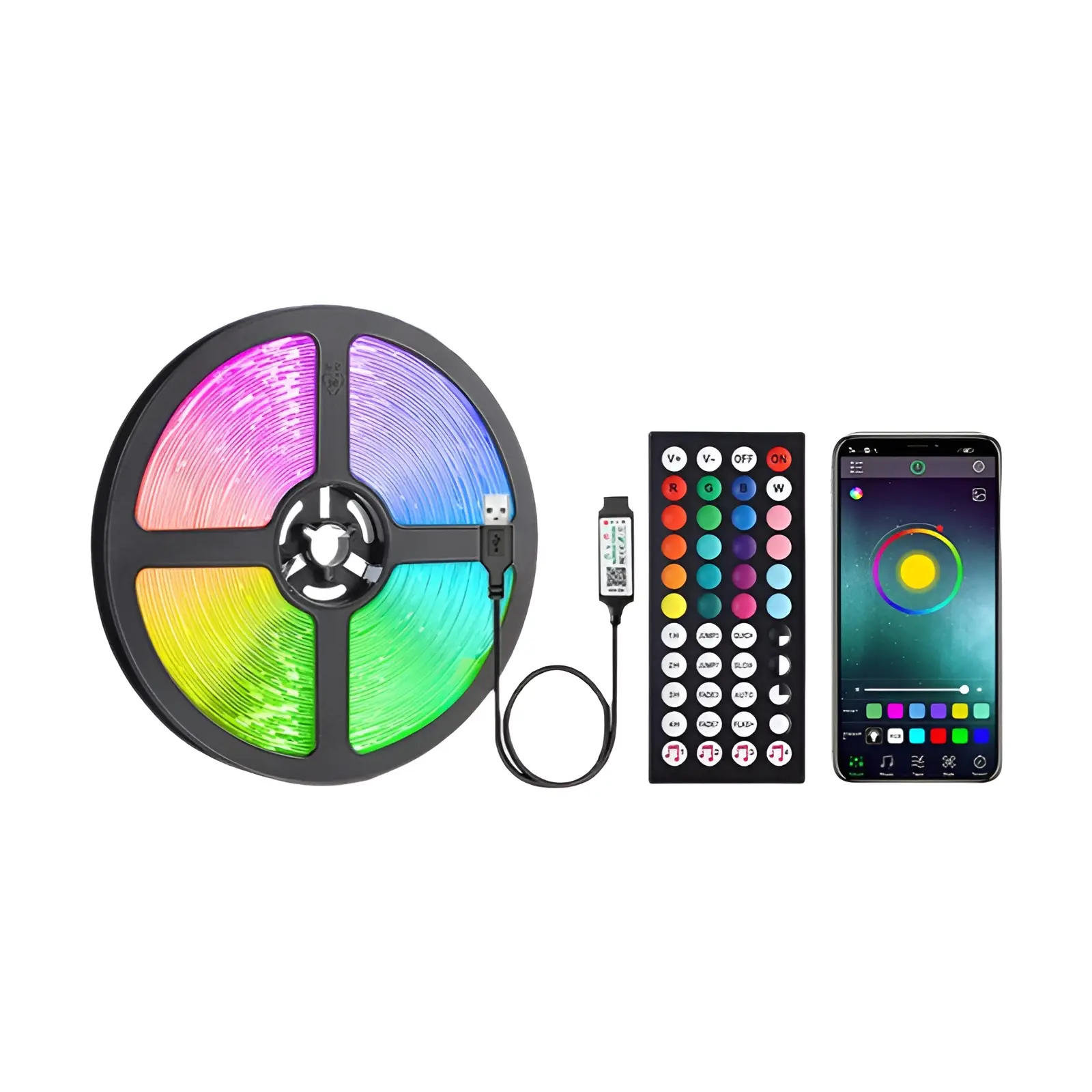 RGB LED Strip Lights com controle remoto, lâmpada de fita flexível, música Sync, USB, 5V, sala, festa, TV, mesa, decoração do quarto