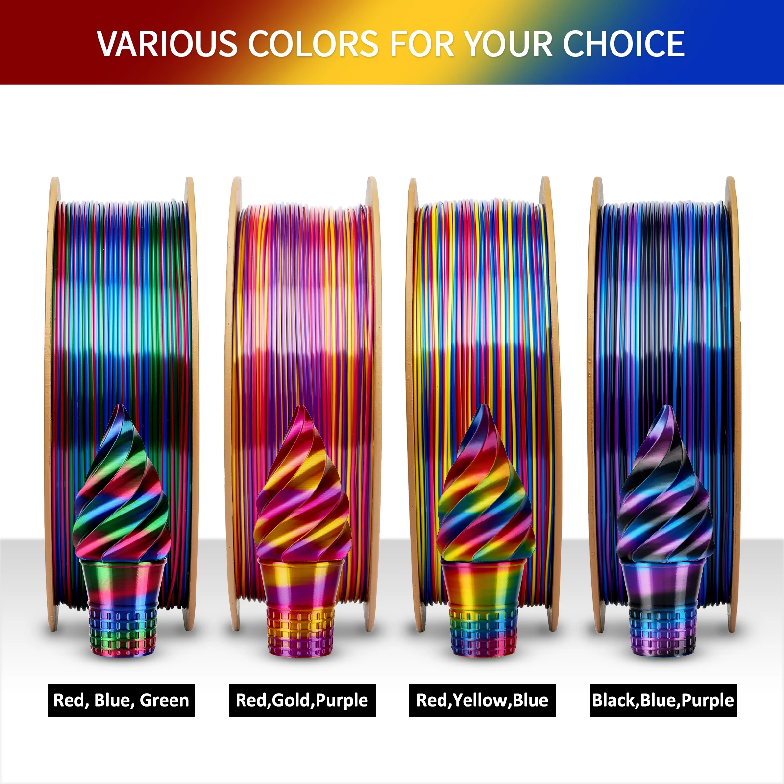ERYONE 3KG PLA Silk Twist Rainbow Premium Shiny Filament 3D Print, Multicolor, PLA Silk Twist Rainbow Filament, 1KG/Spool