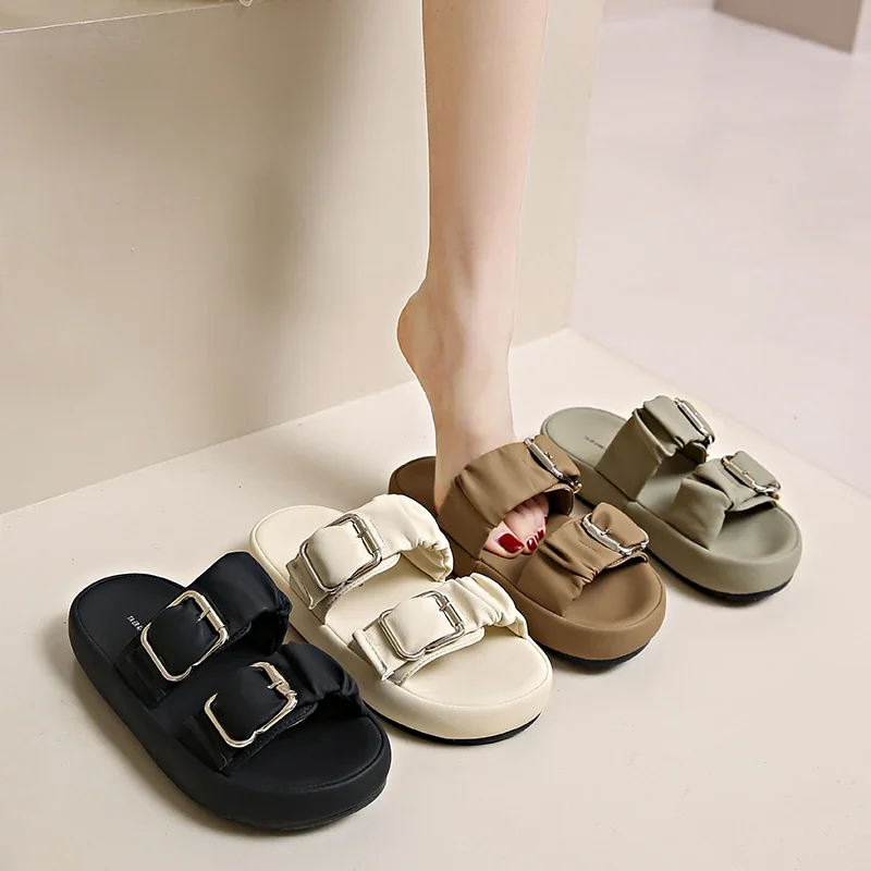 

2024 New Summer Comfort Double Buckle Platform Ladies Sandals Beach Slippers Open Toe Casual Slippers Women Zapatos Mujer Shoes