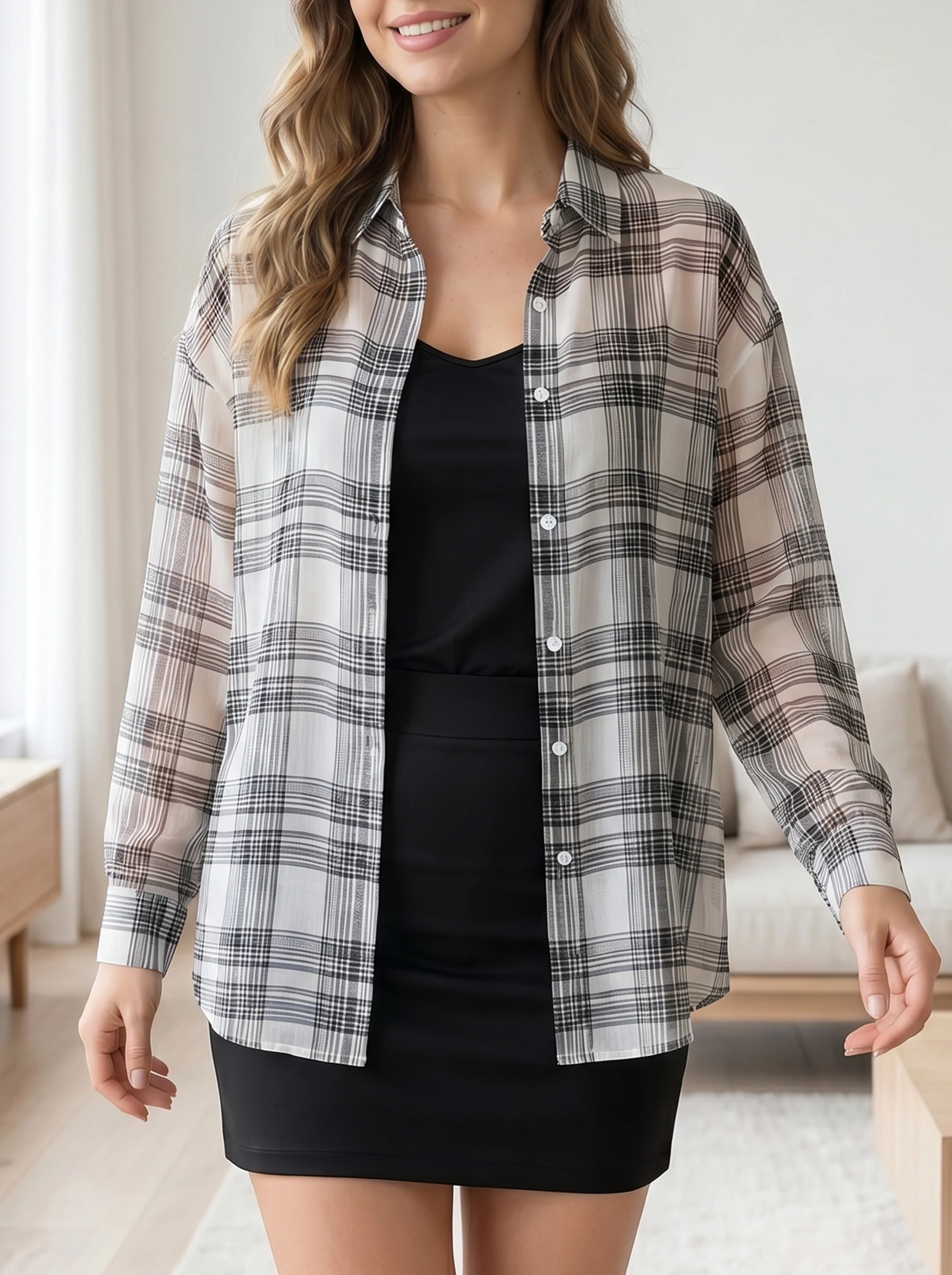 Gadinus Women’s Lightweight Plaid Button Up Shirt Loose Fit Long Sleeve Casual Blouse