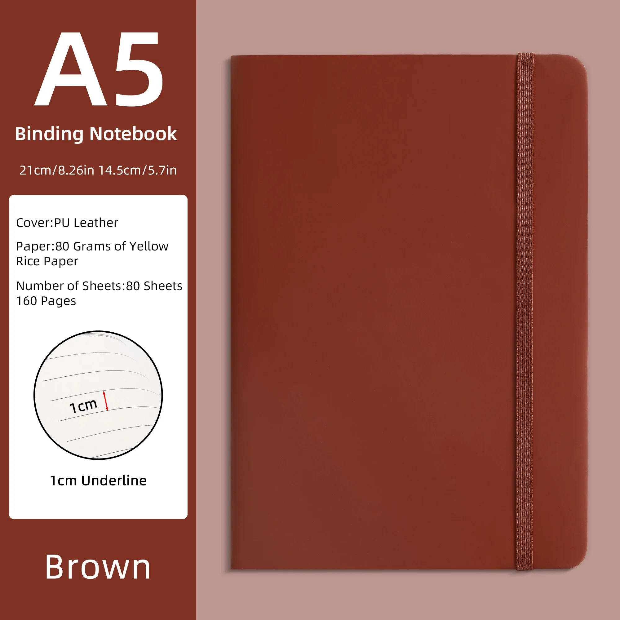 A5 PU-Leder Notizbuch - Lila, 80 Blatt (160 Seiten) 80g/m² Gelbes Reispapier, 1cm Unterstrichung, Hardcover-Journal mit Gummiband – Detail 11