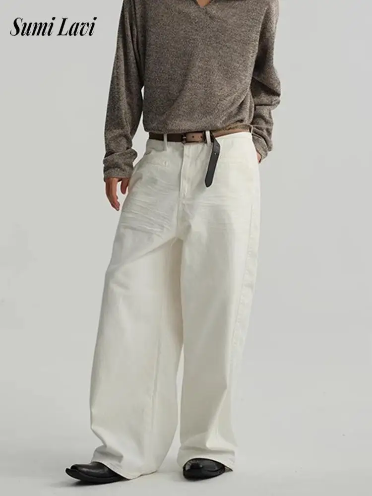 

Винтажные мужские белые джинсовые брюки 2024, весна-осень, уличная мода, однотонные джинсы, мужские повседневные свободные прямые джинсовые брюки