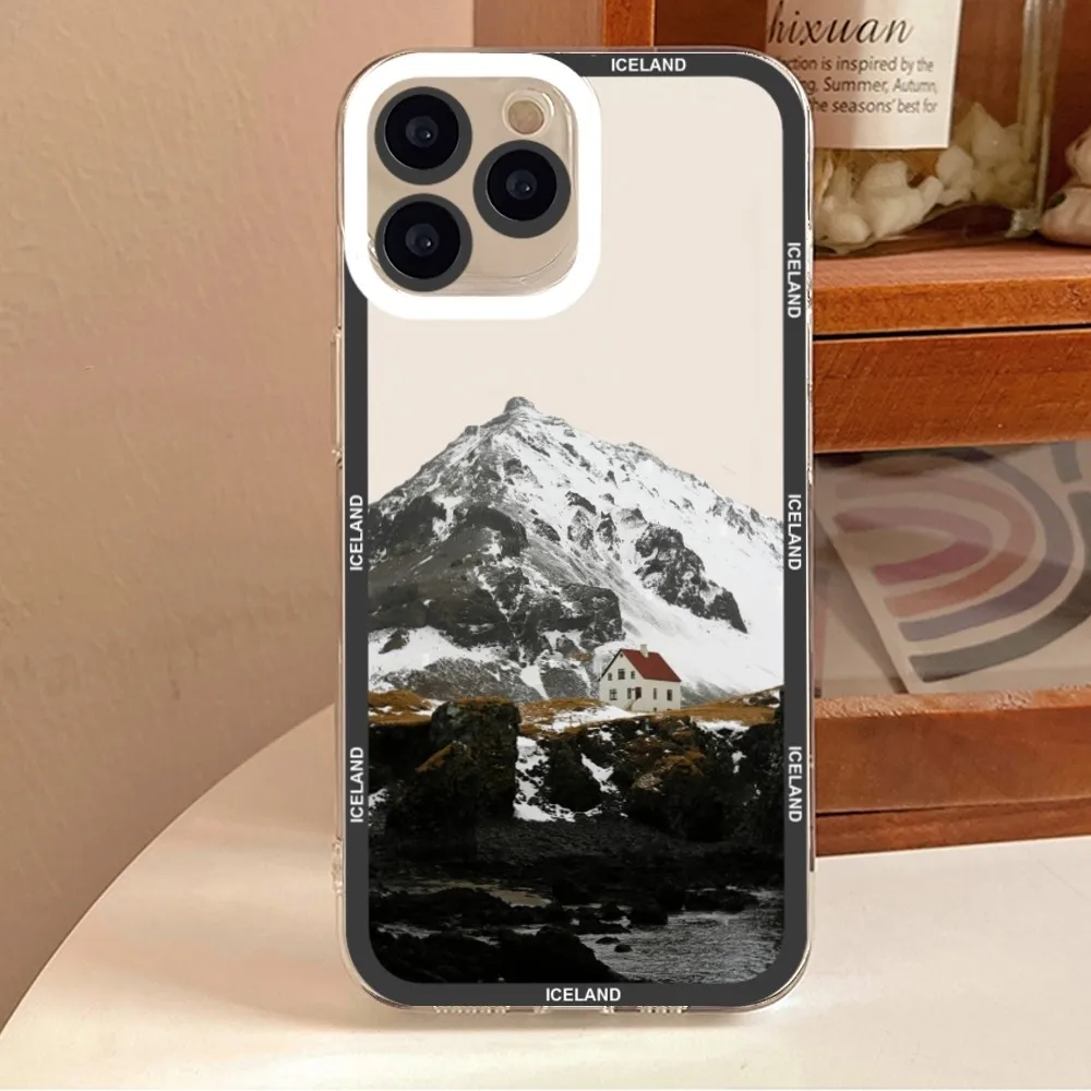 Iceland Mountain Sea House Illustration Phone Case For iPhone 11 12 Mini 13 14 Pro Max Transparent Shell