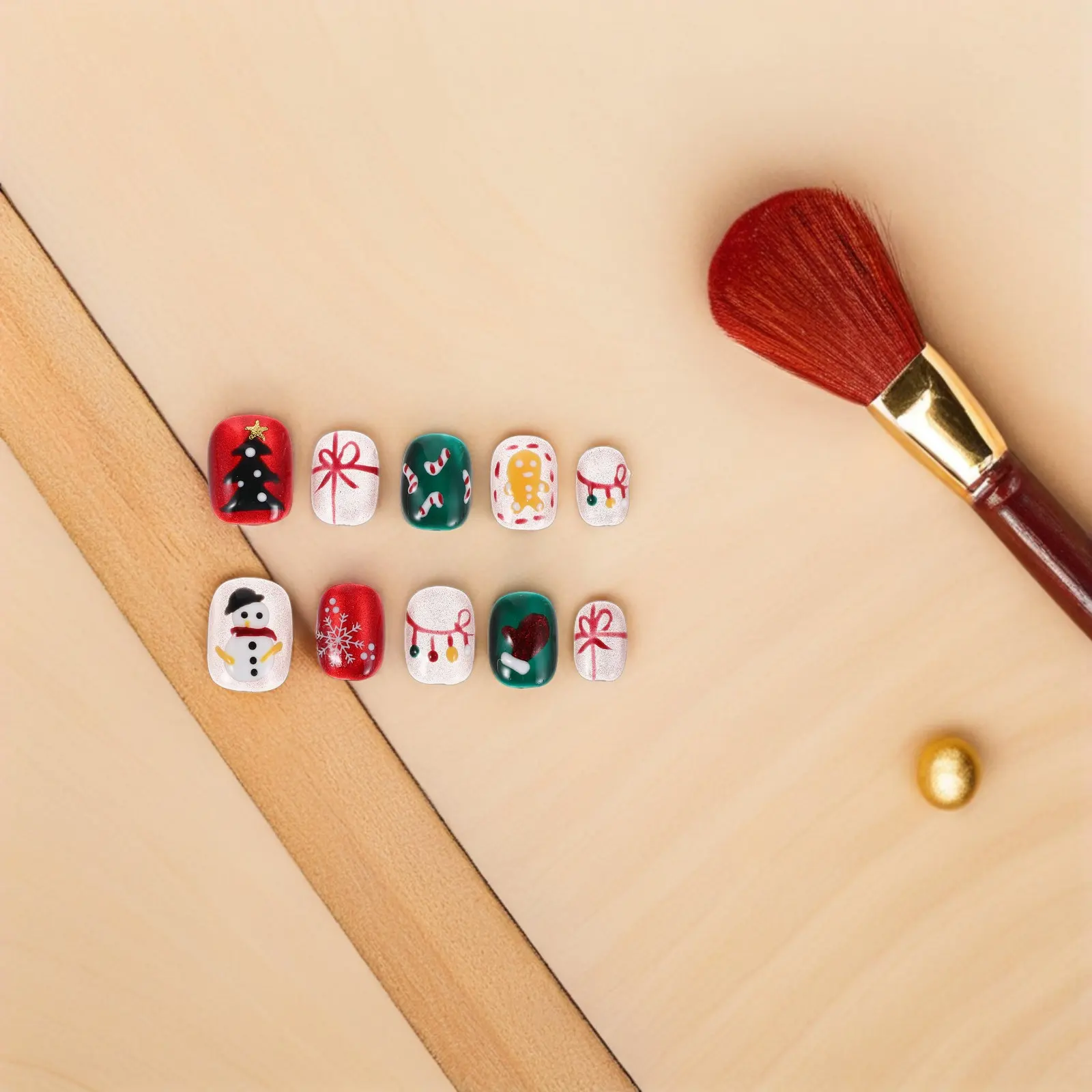 1Set Christmas Nail Press Ons Short Square False Nails Snowflake Candy Cane Snowman Tree Holiday Fake Nails Xmas Party Manicure