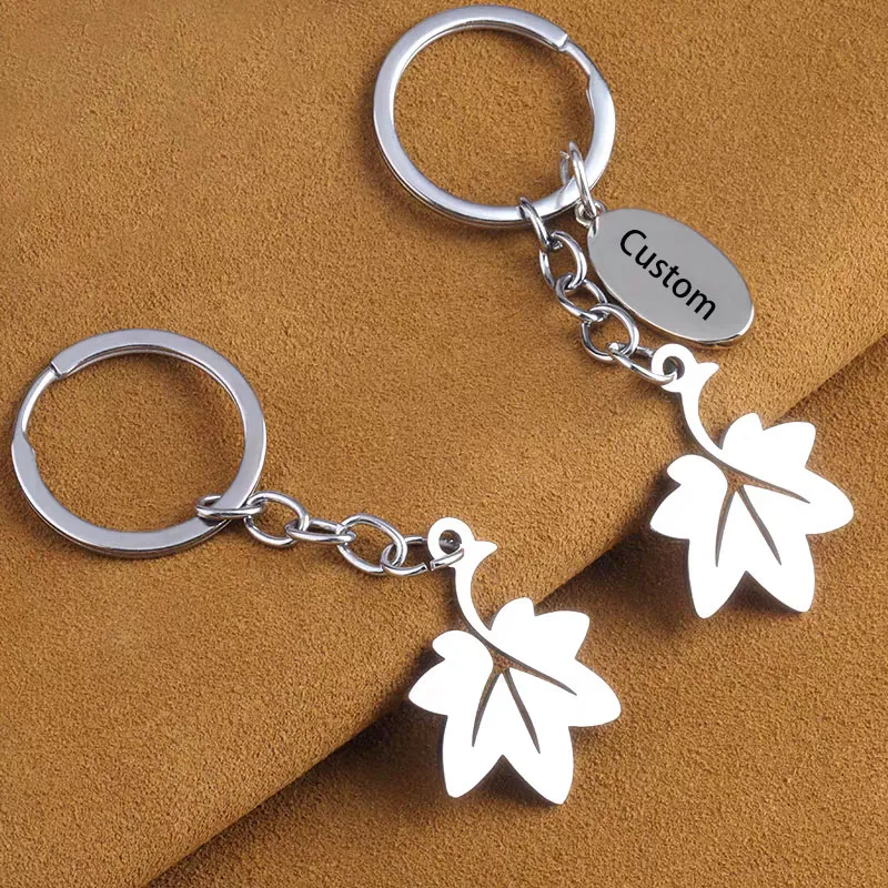 Custom Key Chains for Bags Oval Maple Leaf Pendant Chain Keychain Premium Stainless Steel Jewelry Personalized Gift for Daughter