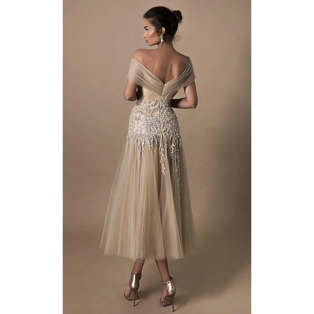 Elegant Women Prom Dress Lace Appliques Off the Shoulder A-Line Princess Dress Fashion Sleeveless Ankle-Length Evening Dress