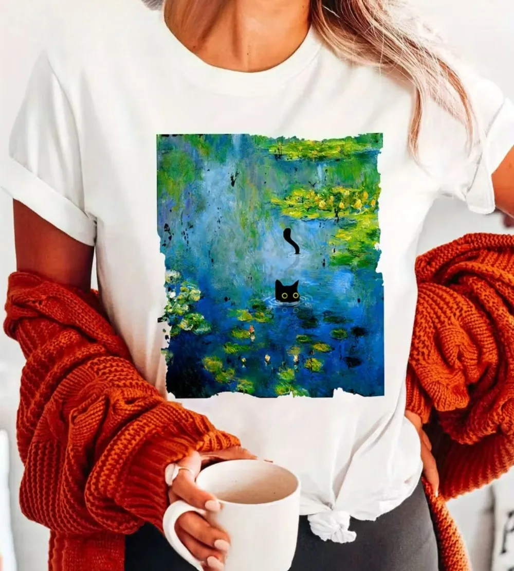 Black T-Shirt with Whimsical Black Cat & Monet-Inspired Water Lilies Print - Short SleeveCasual Top Daily Streetwear