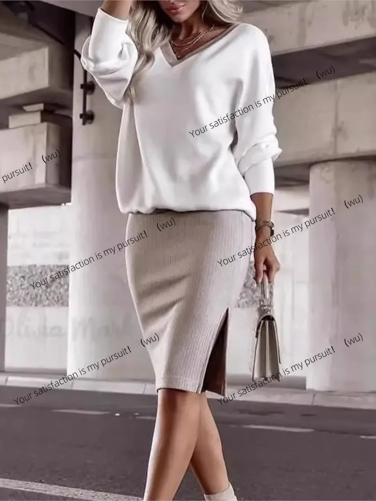 ZOCI-Autumn and Winter Casual Loose V-Neck Sweater Women's Fit Skirt Long Sleeve Top Two-piece Set New Fashion Holiday Set