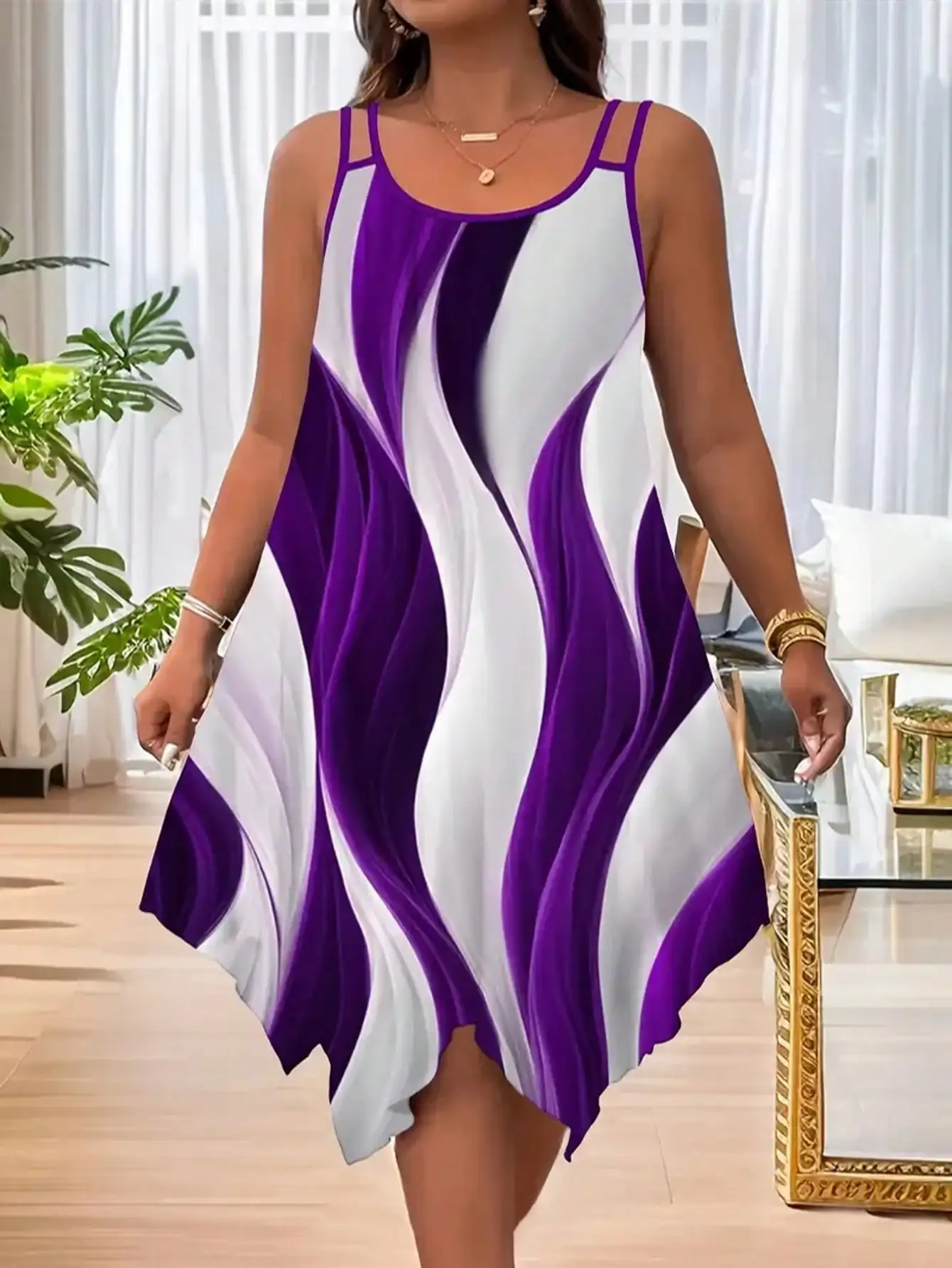 

Plus-size women's fashion asymmetrical geometric stripes printed double strap dress