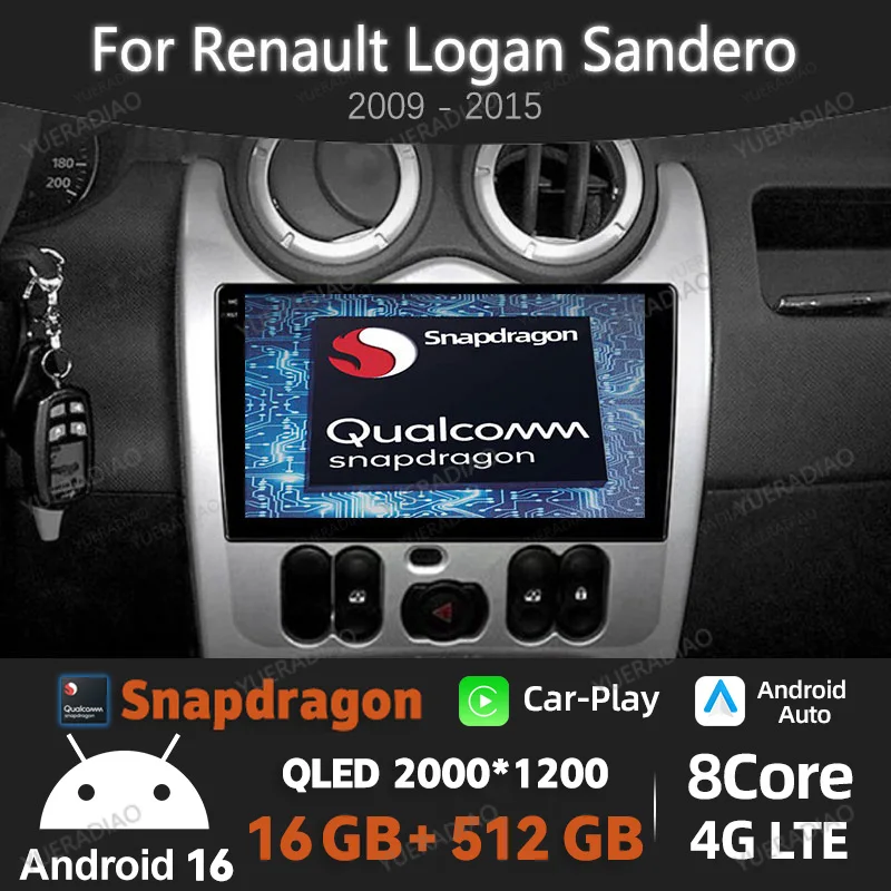 Android 16 Car Radio For Renault Logan 1 Sandero 2009 - 2015 Multimedia Video Player 4G LTE 5G WIFI Qualcomm BT QLED GPS NAVI