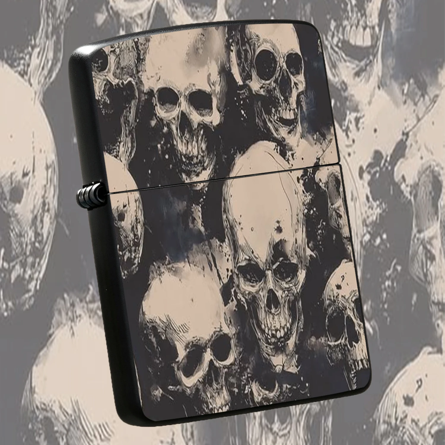 Vintage Ink Wash Skull Group Pattern Lighter, Cool Artistic Portable Igniter For Daily Use Camping Gifting, Stylish Unique Printed Accessory Fits All Scenarios, Trendy Decorative Practical Item With Distinct Aesthetic For Everyday Outdoor A