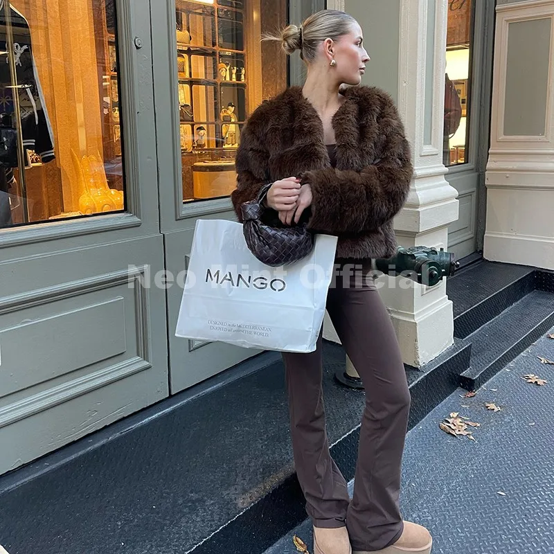 Neo Mint Vintage Brown Patchwork Fur Coat Women Winter 2025 Luxury Brand Fashion Faux Fox Fur Jacket Chic Street Girl Overcoats