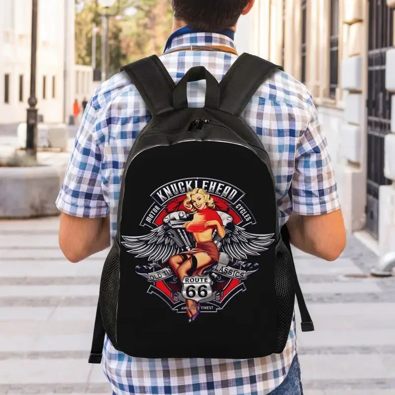 Mochila personalizada Vintage Route 66, Mochilas Mother Road, Bookbag básico para escola universitária Biker America, Homens e Mulheres