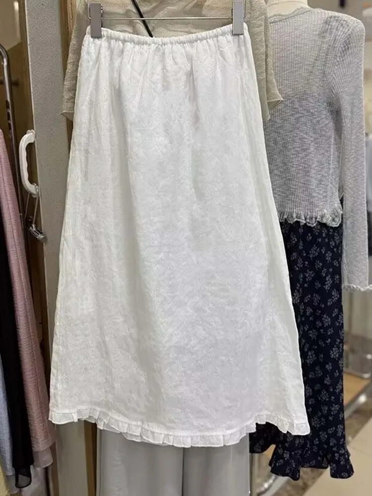 Elastic Waist White Cotton Midi Skirt Women Spring Summer Ruffle Simple Basic Casual Elegant Skirts A Line All Match Buttom