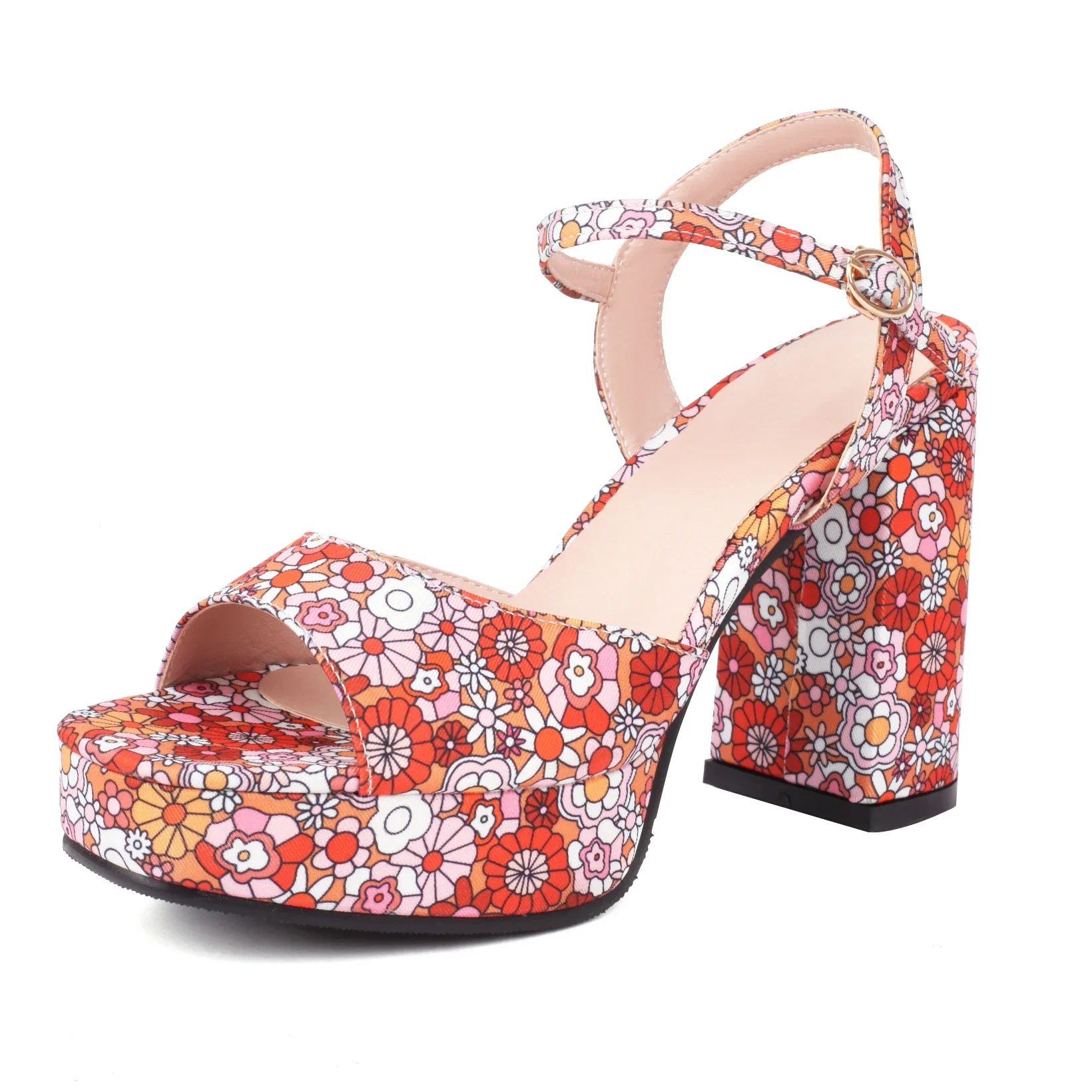 Sandalias con estampado de flores para mujer, zapatos de tacón alto con hebilla en el tobillo, talla grande, 2,5-26cm, novedad de verano, 2024