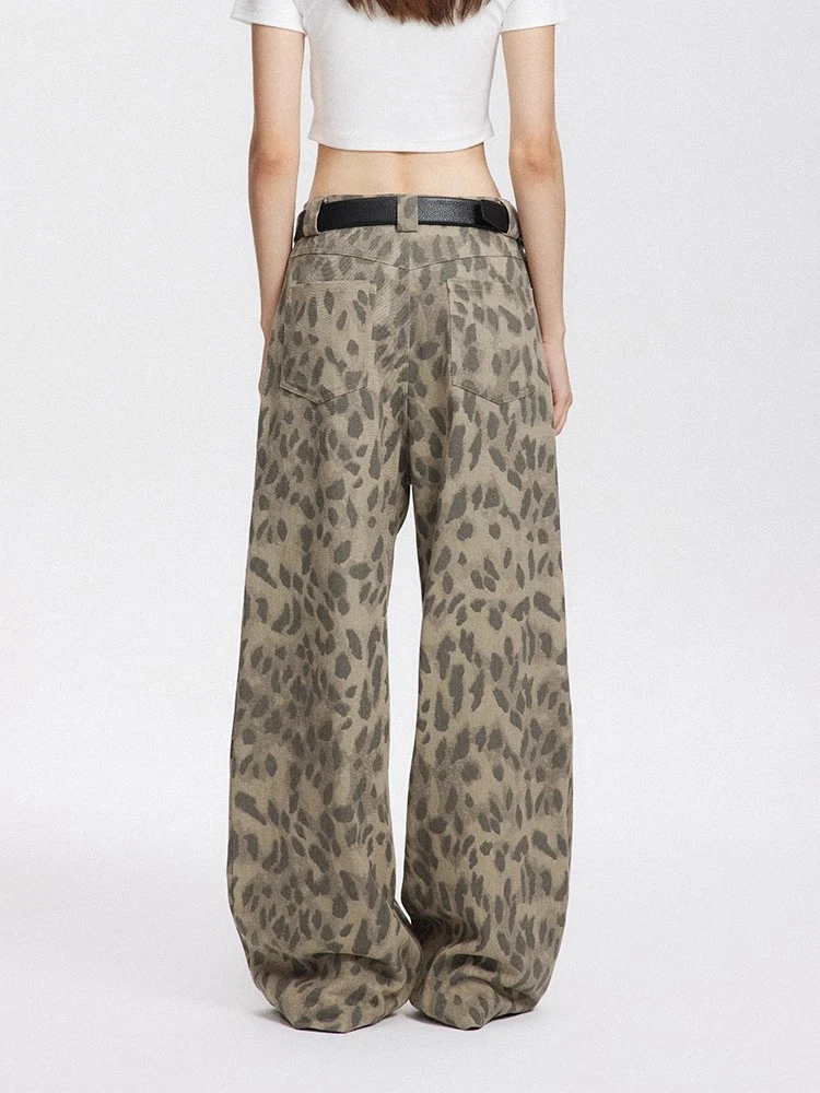 2024 Autumn Vintage Leopard Print Pants Women Casual Loose Jeans Y2k Female Fashion Streetwear Spodnie z szerokimi nogawkami