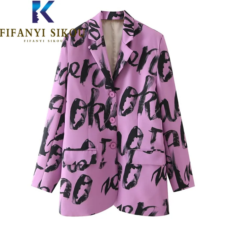 

Letter Print Blazer Jacket Women Single Breasted Fashion Graffiti Suit Jacket Female Spring Autumn Loose Blazers Coat Streetwear