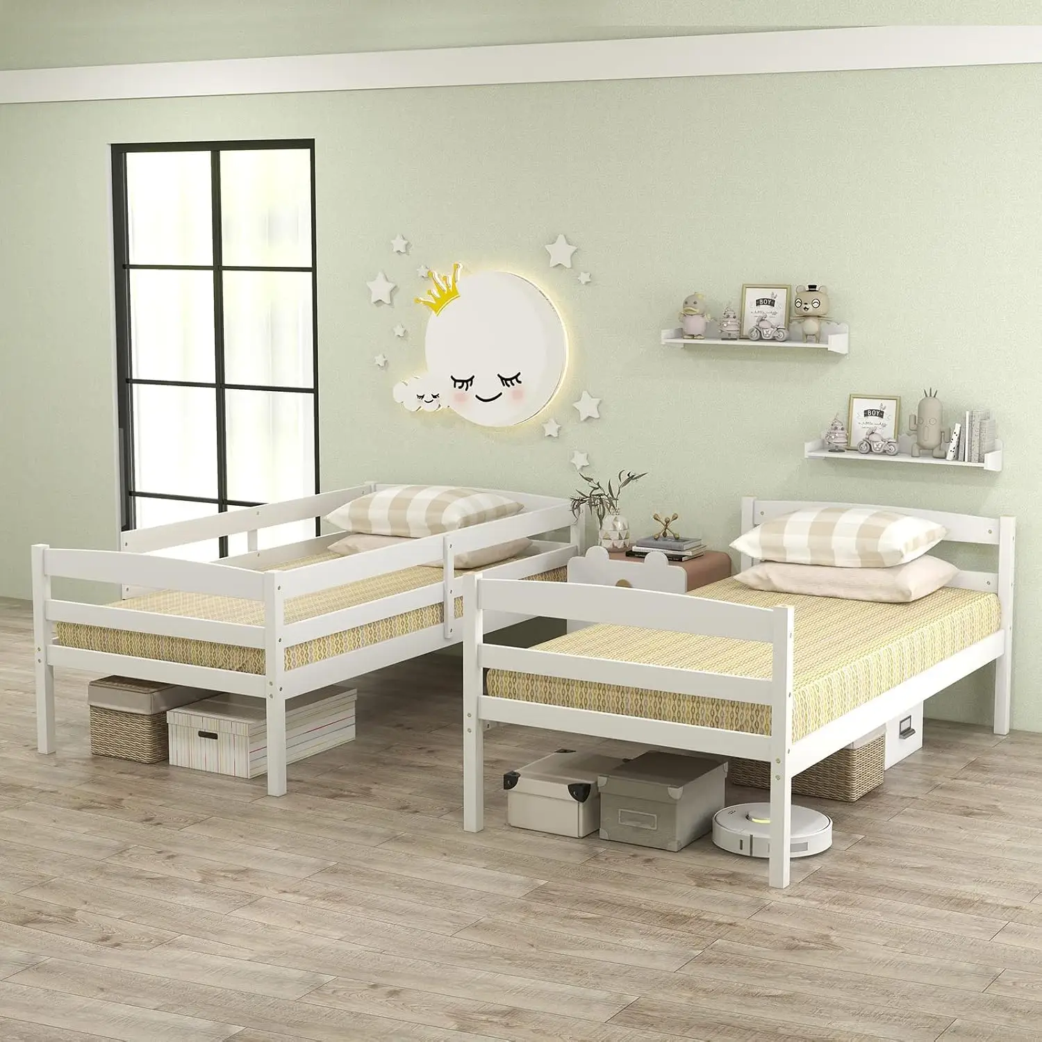 Twin Over Twin Bunk Bed, Rubber Wood Convertible with Ladder & Guardrail, Solid Frame for Home Dorm Apartment, White, Customized