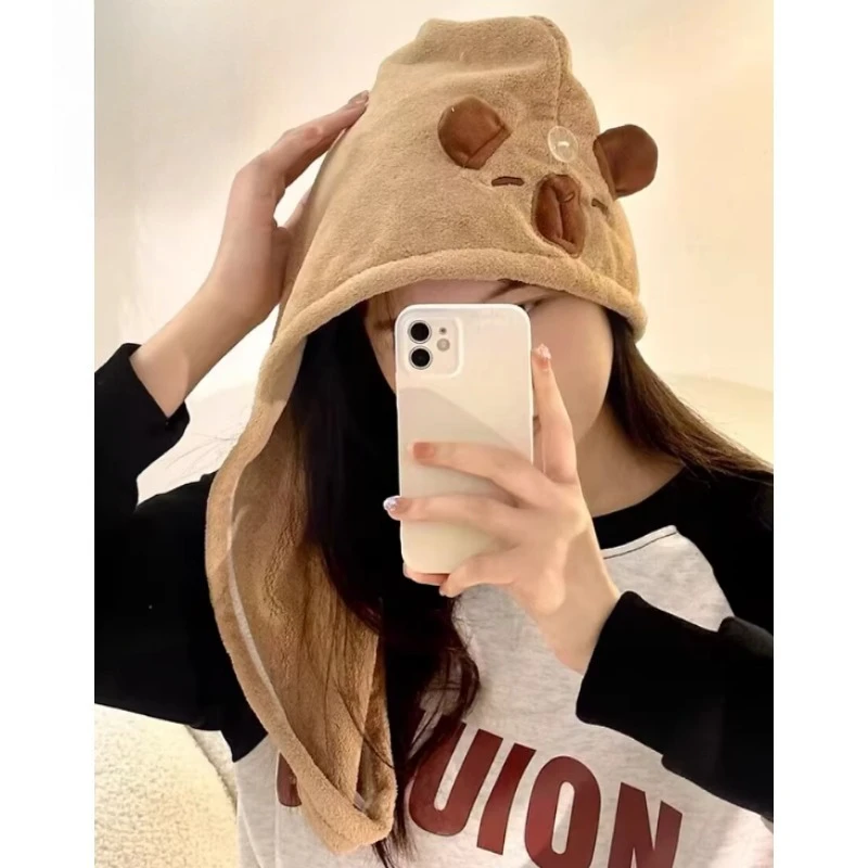 

Милая мультяшная плюшевая шапочка-капибара для сушки волос, супервпитывающая, быстросохнущая, из кораллового флиса, для женщин и детей, кавайное полотенце для волос