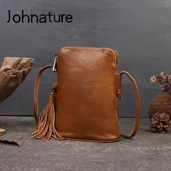 Johnature Retro Genuine Leather Small Bag Women 2024 New Natural Soft Real Cowhide Tassel Mobile Phone Shoulder & Crossbody Bags