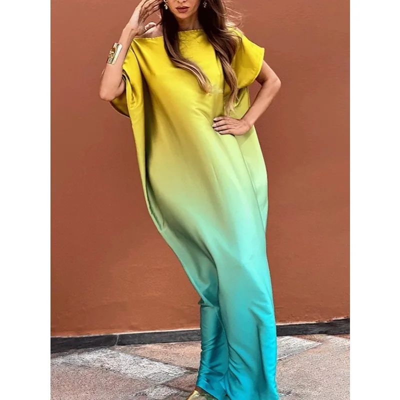 Kleid mit Farbverlauf und schräger Schulter für Damen, Frühling, Sommer, 2026, neue lockere Satin-Freizeit, Urlaub, Strand, elegante Kleider 182633