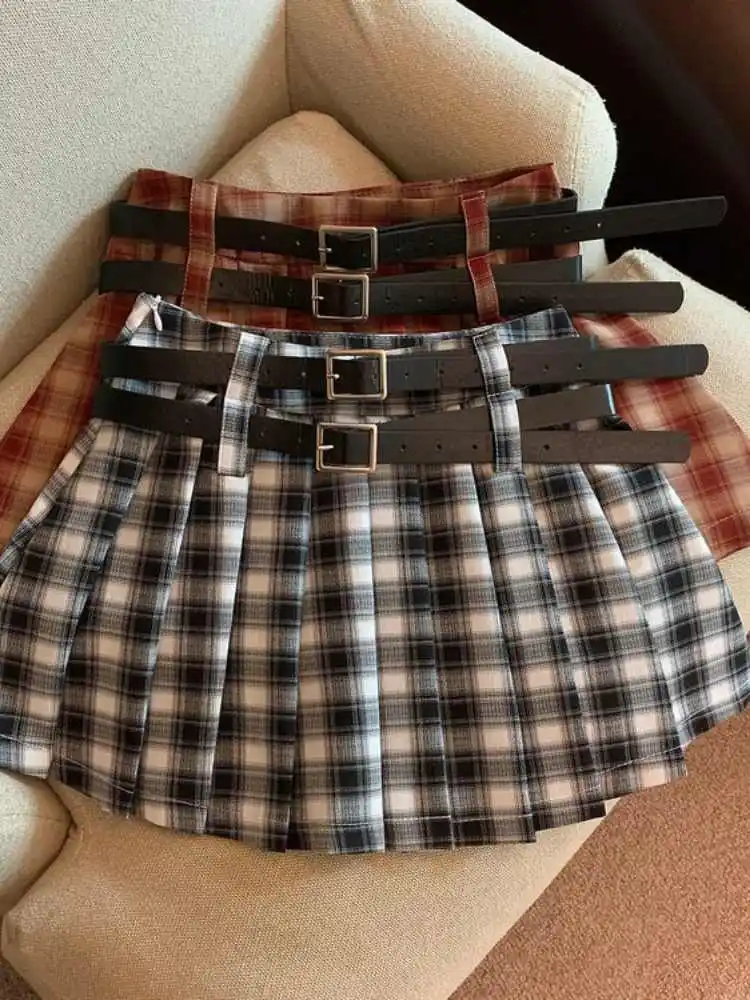 

Женская черная клетчатая юбка в винтажном стиле в консервативном стиле, микро-юбка трапециевидной формы Harajuku Y2k Gyaru, мини-юбки с поясом, летняя одежда 2000-х годов