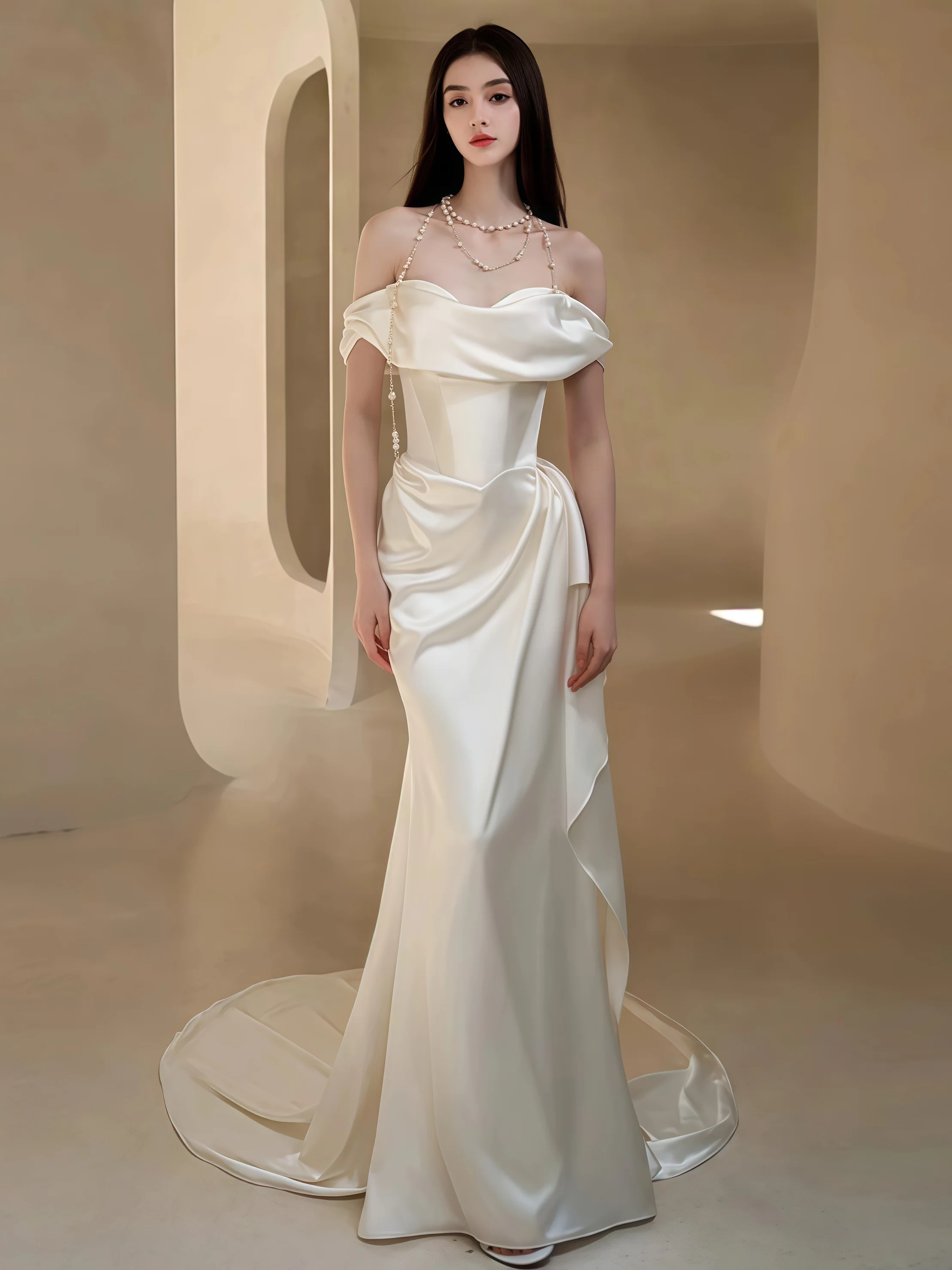 فستان زفاف بسيط من الساتان الأبيض بدون حمالات حورية البحر مفتوح الظهر مطوي بدون أكمام مناسبة رسمية فستان سهرة للمشاهير والحفلات الراقصة