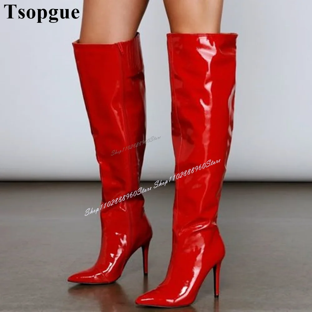 Graceful Knee High Red Patent Leather Boots Thin High Heel Women Shoes Side Zipper Pointed Toe 2024 Fashion Zapatos Para Mujere