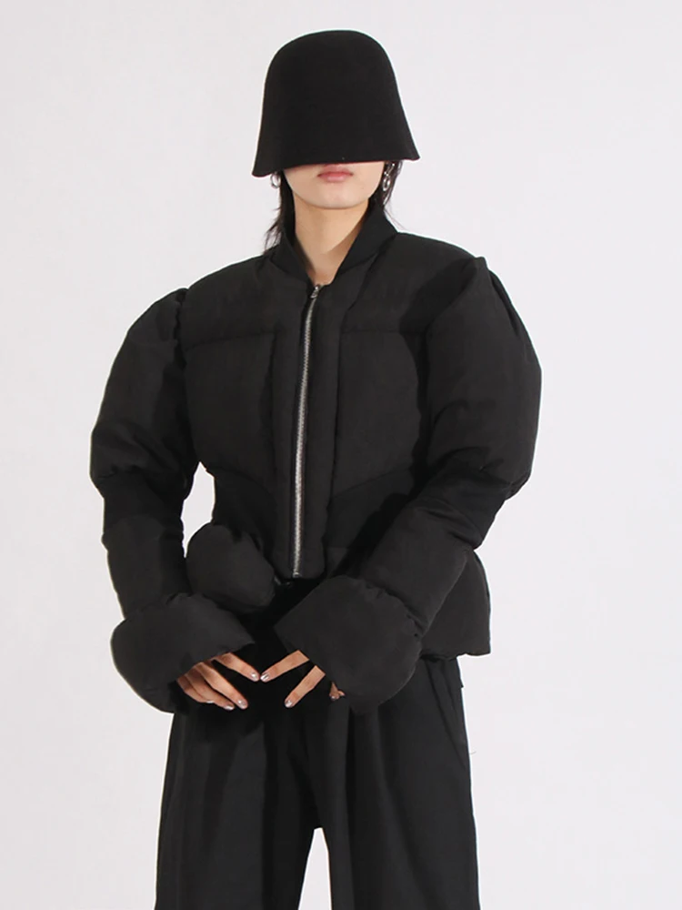 Chaqueta de plumón de algodón ajustada con cuello redondo para mujer, prendas de vestir informales cálidas, chaquetas de plumón de pato blanco con doble cremallera para invierno