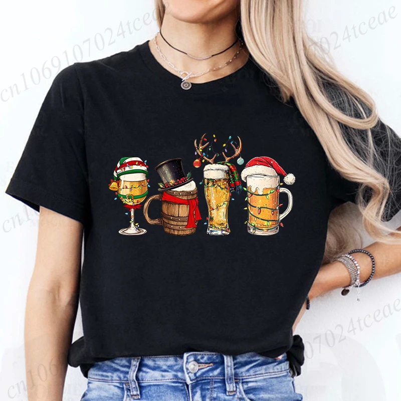 Christmas Beer T Shirt for Women Funny Beer Lover Tee Tshirt Harajuku Graphic T Shirt Drinking Christmas Streetwear Short Sleeve