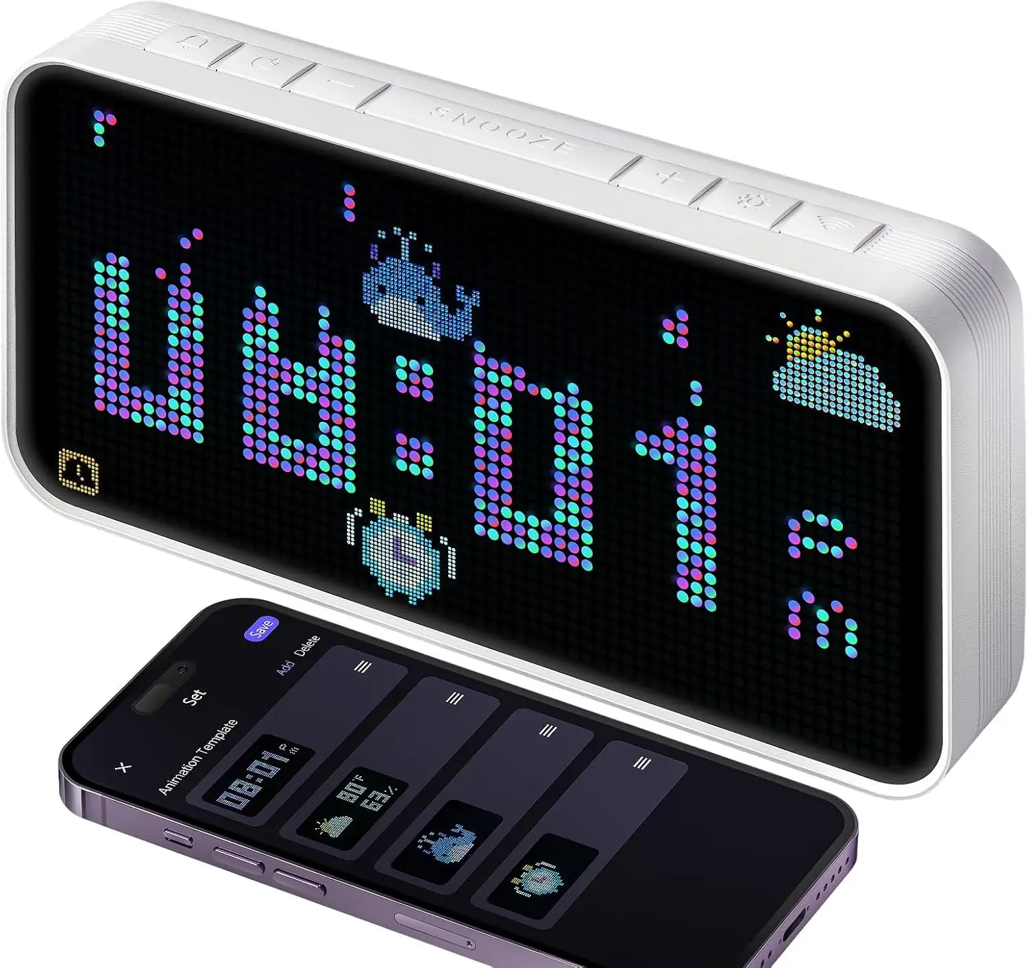 

Умный будильник PixelRise для спальни, LED-дисплей с точечной матрицей в стиле пиксель-арт, анимация погоды и температуры, громкий двойной будильник для сна