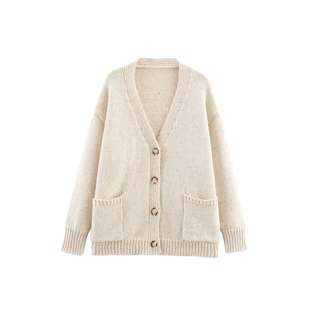 

Осенняя новая женская маленькая вязаная свободная куртка в горошек с v-образным вырезом и длинными рукавами в ленивом стиле