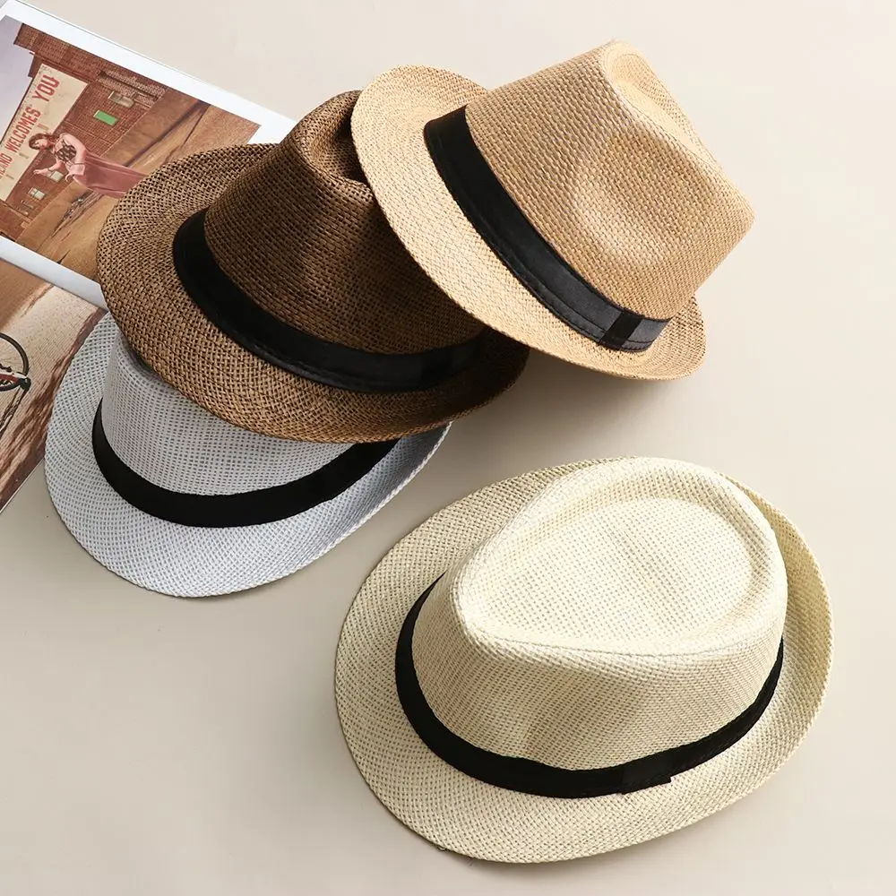 Gorra panamá de paja a la moda, sombrero de sol de ala ancha para playa de verano, gorra de gángster, sombrero de vestir de Jazz Unisex, sombrero Fedora de vaquero