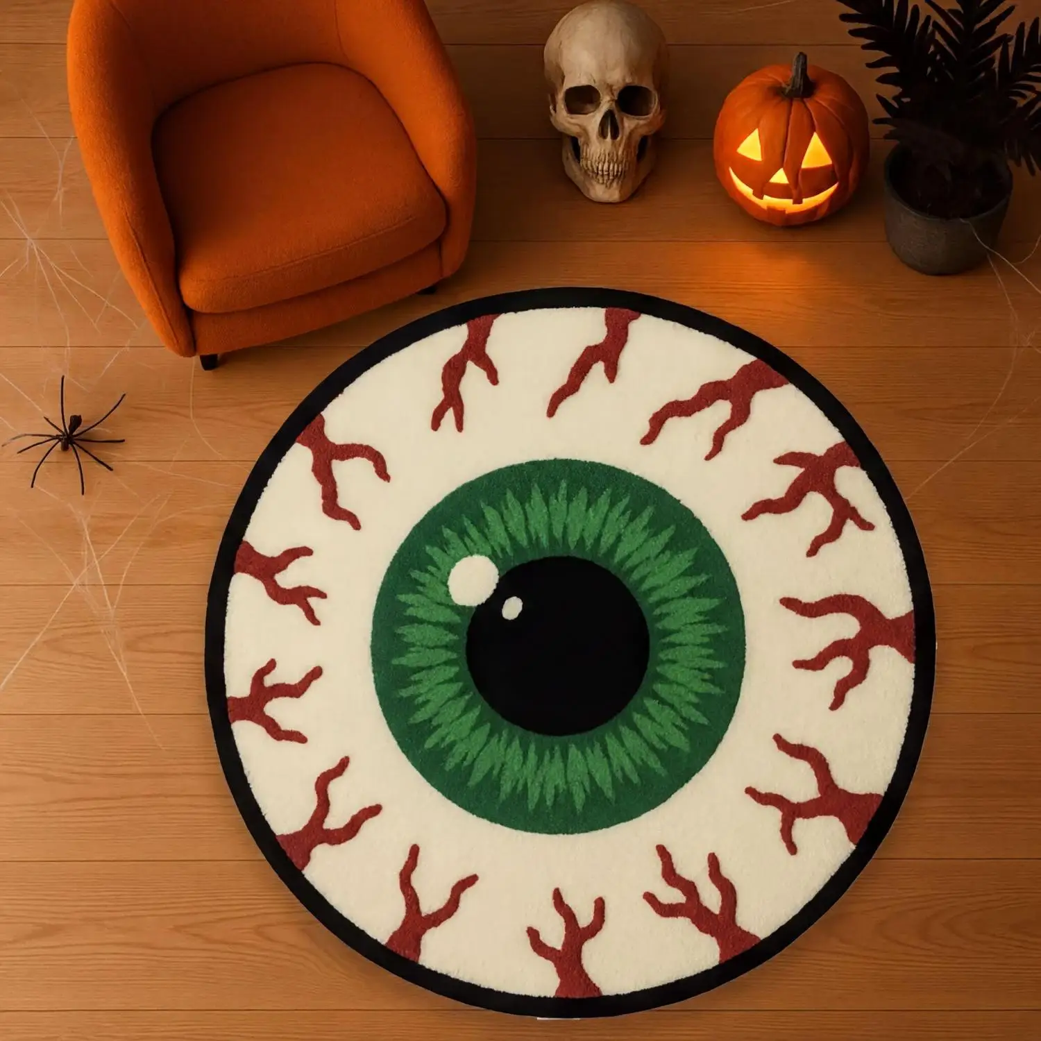 【Room Decor Carpet】Eyeball-Shaped Carpet, Green Iris Pattern, Bloody Veins, Fun and Quirky Round Carpet, Washable