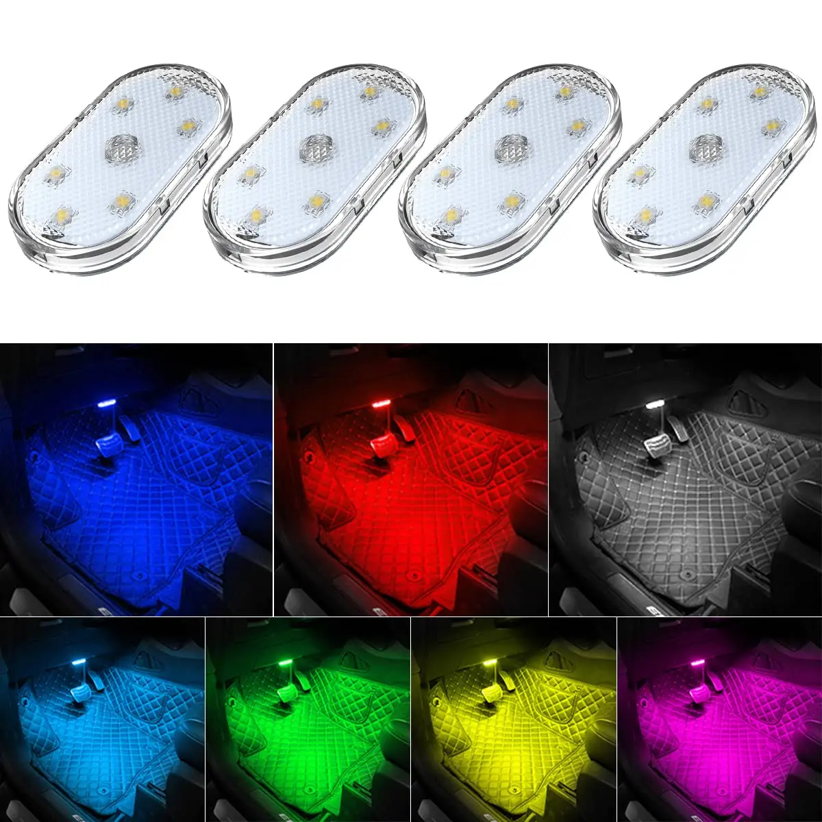 

4Pcs Car LED Light Interior Wireless 7 Color Interior Car Lights with 6 Bright LED Portable USB Rechargeable Car Interior Light