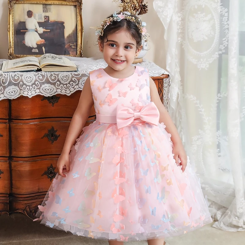 Little Girls Summer Party Dress Sequin Sleeveless Dress for Girls Princess 3D Butterfly Mesh Tutu Children Birthday Wedding Gown