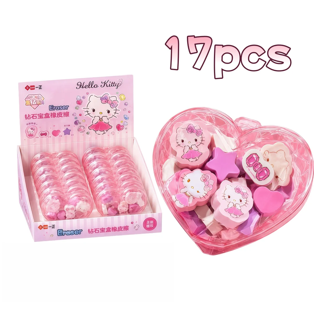 17Pcs Hello Kitty Heart-Shaped Diamond Treasure Box Erasers, Girly Cartoon Hello Kitty Style Erasers, Cute Stationery Gift Box for Students