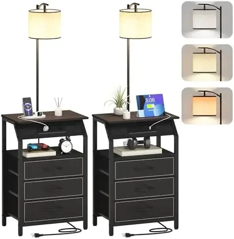 End Table with Floor Lamp Set of 2, Nightstand with Charging Station, Floor Lamp Table with 3-Color Temperature Bulb