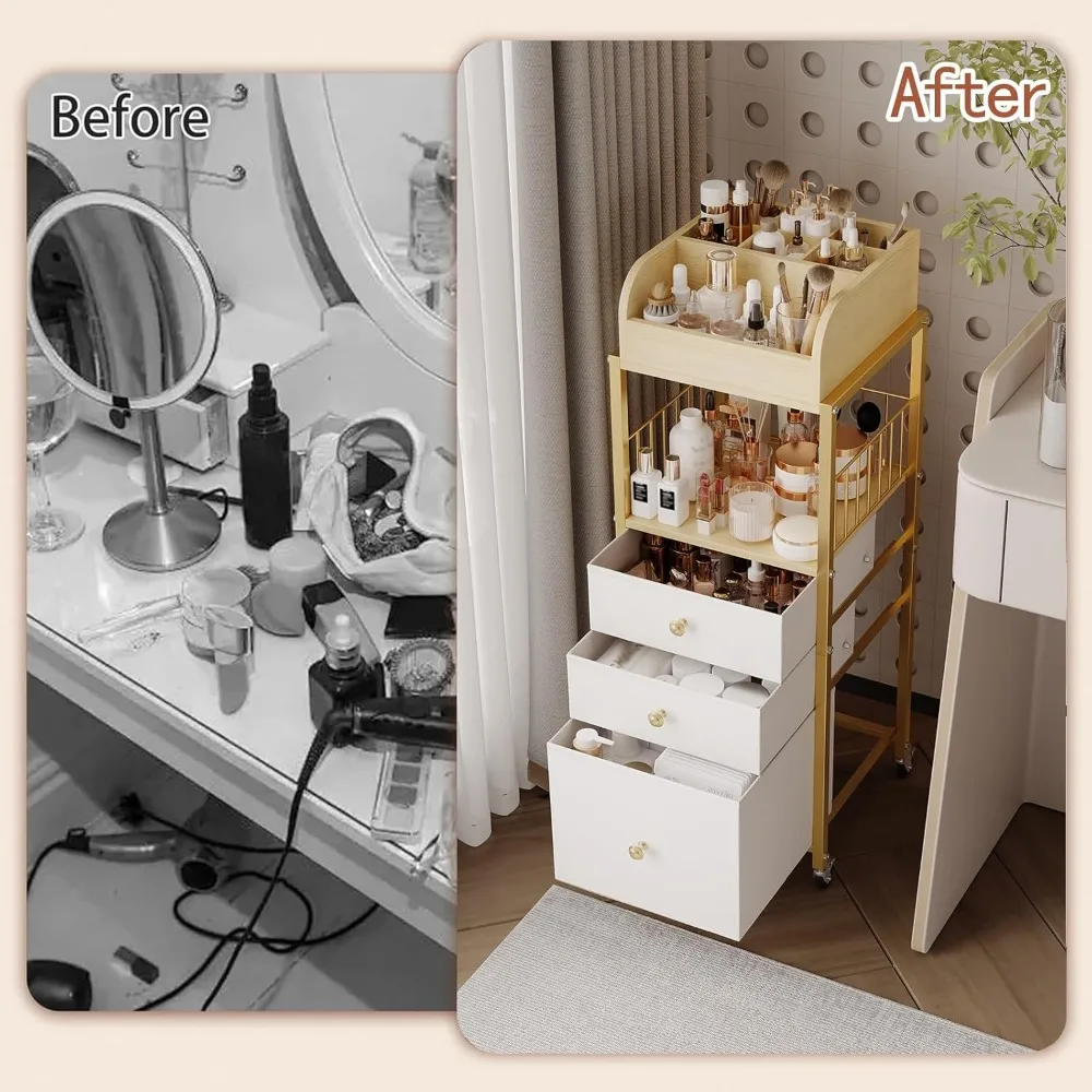 Gold Makeup Organizer Cart with Drawers, 3-Tier Storage for Skincare and Cosmetics