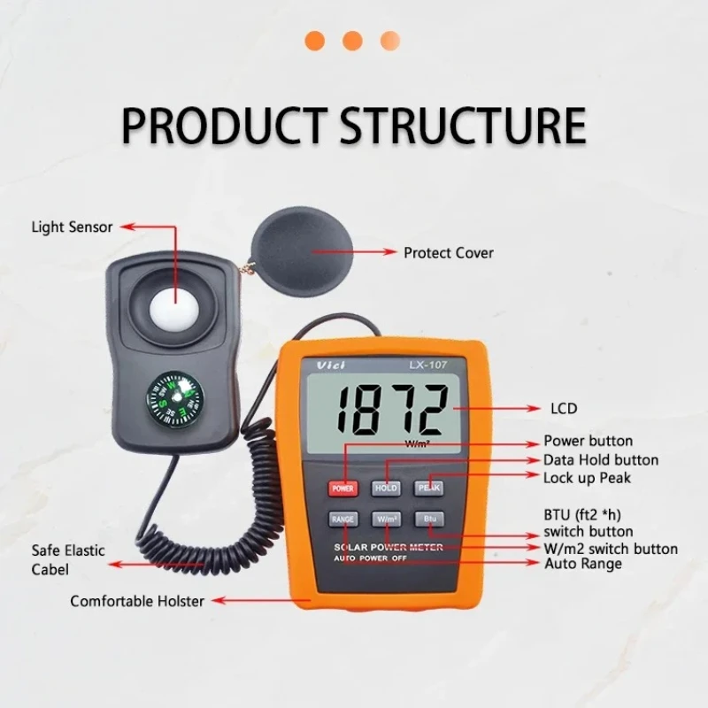 Solar Power Meter LX-107 by Vici, Fast 0.25s Response, Peak/Data Hold, Built-in Compass for Accurate Sunlight Measurement