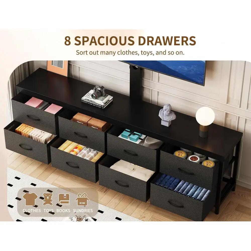 حامل تلفزيون خزانة مقاس 63 بوصة مع حامل، مركز ترفيه طويل من القماش مع 8 أدراج، طاولة وحدة تحكم الوسائط السوداء لـ Liv #5