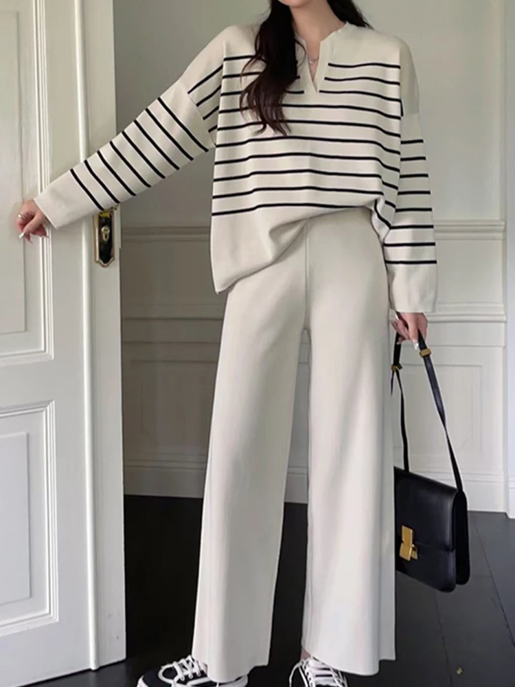 HELIAR Women Casual Knit Two Piece Set Striped Long Sleeve Loose Pullover Sweater and Pants Sets Office Women Outfit Fall Winter