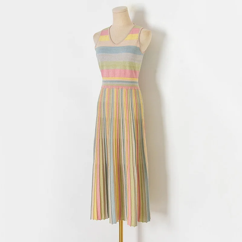 

New Arrival Summer V-Neck Knitting Cotton Dress Sleeveless Colourful Stripe Dress