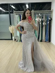 MYMB Champagne Dubai Off Shoulder Sequined Elegant Wedding Guest Gowns Sexy High Slit Mermaid Evening Dresses for Women Party