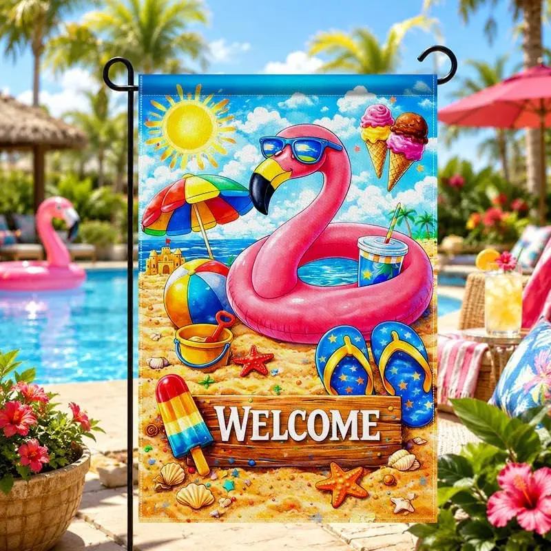 IVN Summer Garden Flag 12 x 18 Inch Pink Flamingo Welcome Pool Yard Flag Double Sided Decorative Burlap Summer Beach Swimmin jjp