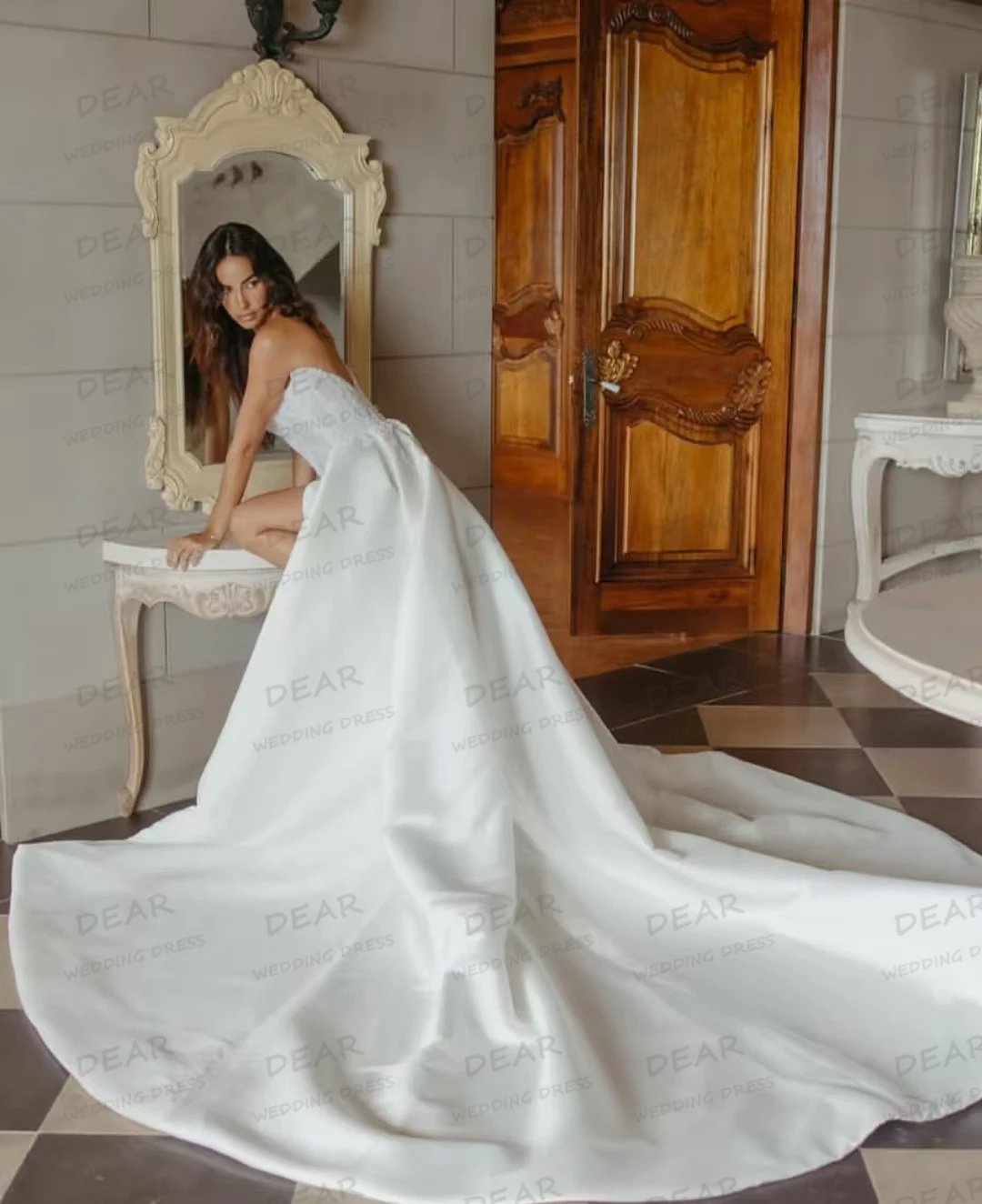 Einfache Satin Brautkleider A-Linie Damen Sexy Spitze U-Boot-Ausschnitt High Split Sweep Zug Braut Kleider Vestidos De Novia Maßgeschneidert