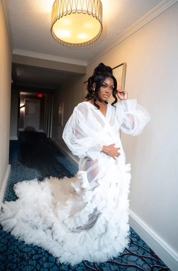 Puffy Ruffles Abito da sposa Increspato Tulle Manica lunga Donna Accappatoio Incinta Partito Indumenti da notte Pieghe trasparenti Camicia da notte Personalizzata