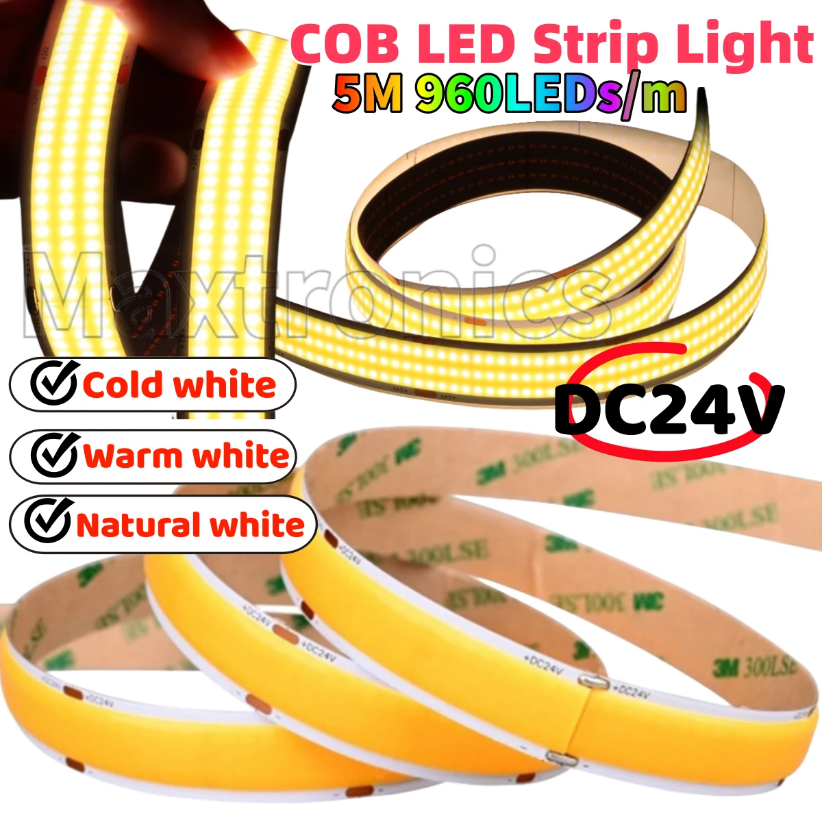 DC24V 5M 960LEDs/m COB LED Strip Light Super Bright 2200lumen/m 3000/4000/6000K High Density Flexible RA90 Led Lighting Tapee